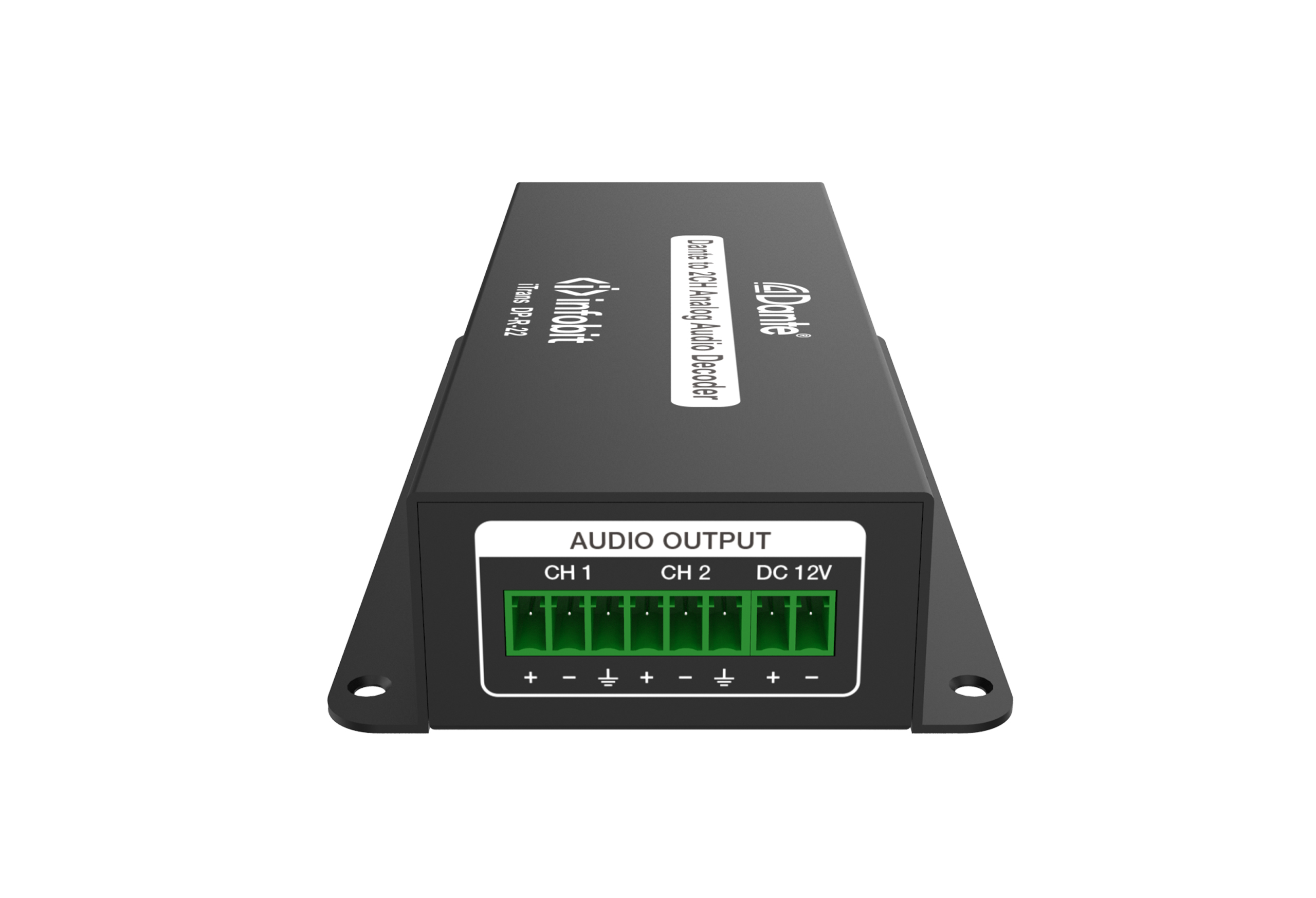 Infobit, iTrans DP-R-22, 2-х канальный аналоговый аудиокодер Dante приемник (Rx) с PoE, порт phoenix